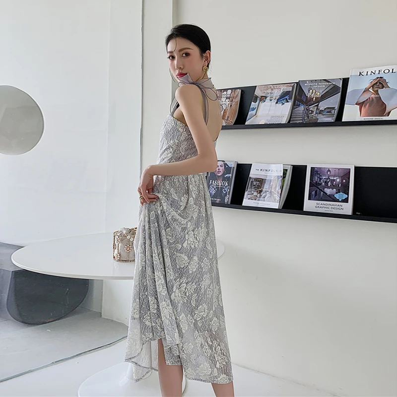 

XIZIHUPAN Elegant Print Dress For Women Square Collar Sleeveless High Waist A Line Slim Midi Dresses Female Summer 2021 Stylish