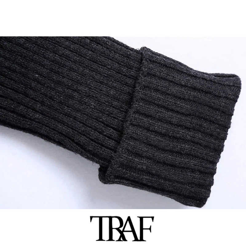 

TRAF Women Fashion Thick Warm Cropped Knitted Sweater Vintage High Neck Long Turn-up Sleeves Female Pullovers Chic Tops