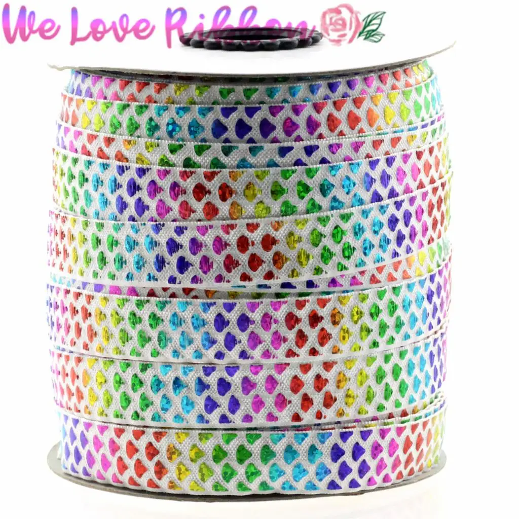 5/8&quot16mm 10yards/roll Stock Sale Scale Patterns Hologram Rainbow Foil Printed Fold Over Elastic Ribbon Handmade Party Decor | Дом и сад