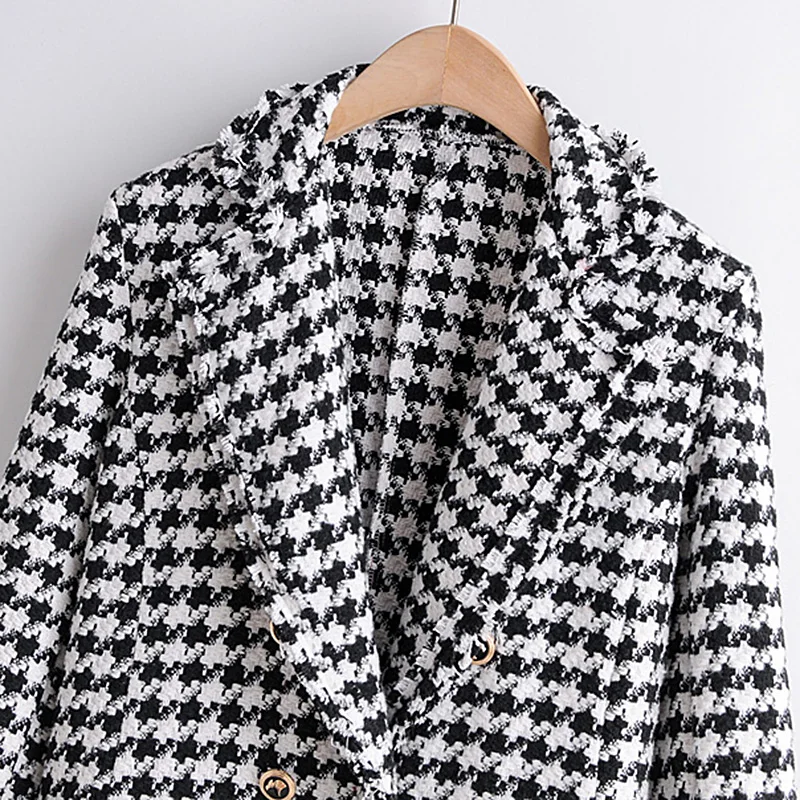Женский твидовый блейзер в клетку винтажный стильный длинный пиджак с зубчатым