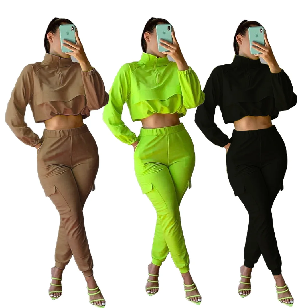 

Echoine Women Leisure Two-Piece Set Autumn/Winter Clothing Long-Sleeved Zipper Crop Tops Coat Long Pants Suits Jogging Tracksuit