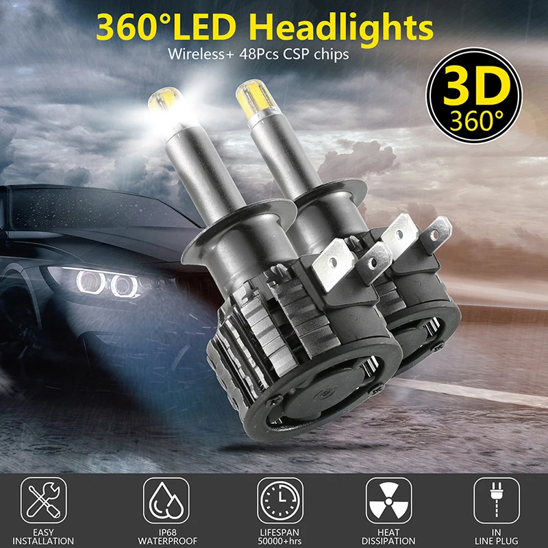 

2pcs 48 Chips H1 H7 H8 H11 LED Lamp Car Headlight Bulbs HB3 9005 HB4 9006 3D LED Canbus 360 Degree 6000K 18000LM Auto 9012 Hir2