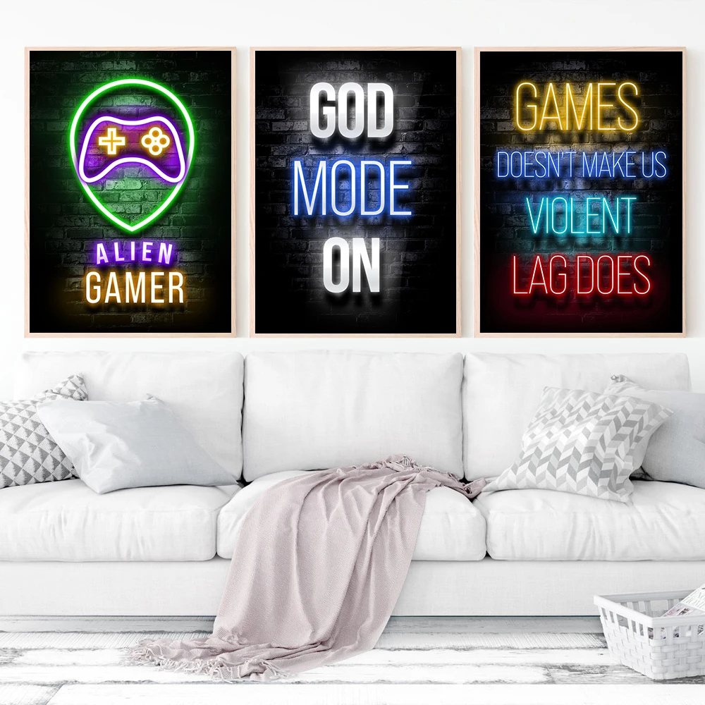 Неоновый геймпад иллюстрация плеер цитата печать плакатов настенная