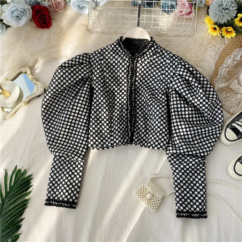 Новинка 2019 модная женская одежда рубашка с пышными рукавами и воротником стойкой