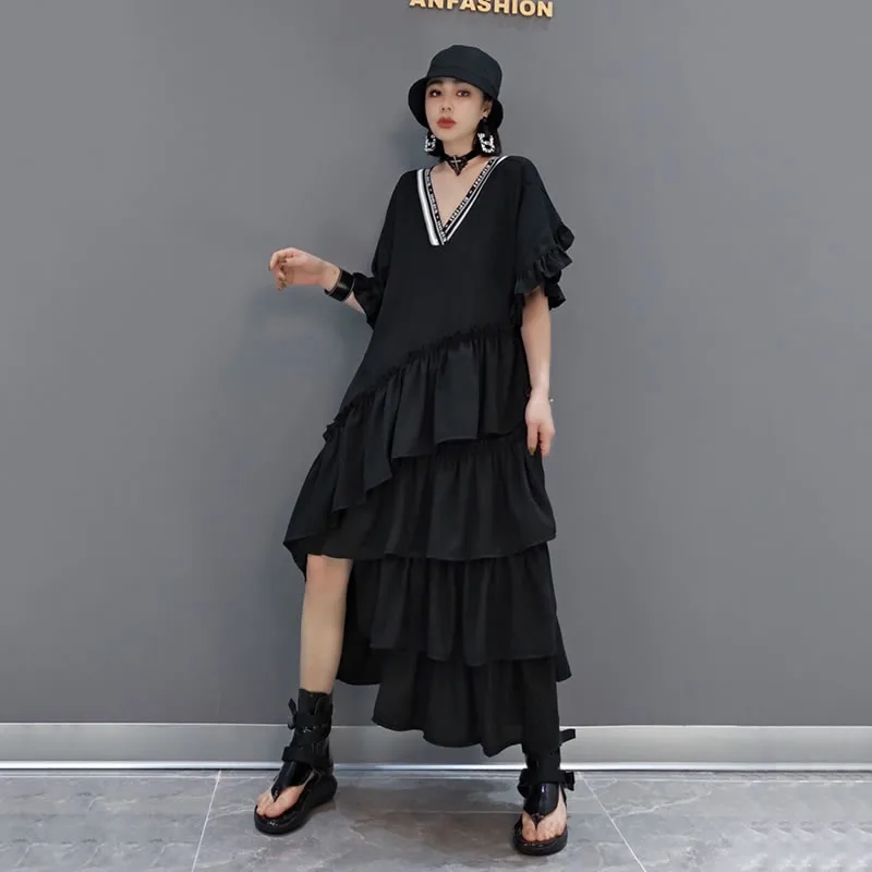 

XITAO Irregular Ruffles Patchwork Dress Black Casual Fashion Letter V-neck Collar Loose Summer New Temperament Trendy LDD2004