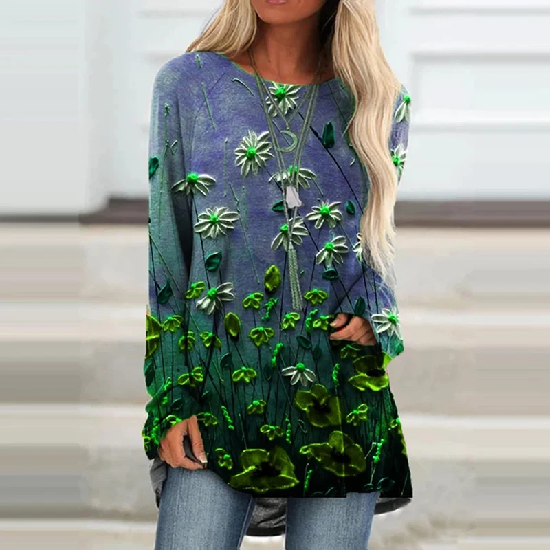 2021 Spring Gradient Floral Print Women Blouse Shirt Long Sleeves Tops Casual Plus Size Loose Streetwear Elegant Party Pullover|Блузки| |