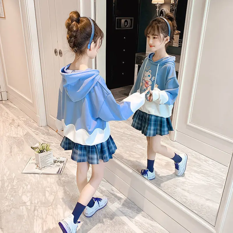 

Fashion Girl Two-Pieces Suit For Autumn Baby Girls Jk Uniform Plaid Pleated Skirt + Cartoon Printed Hooded Sweater Outfits