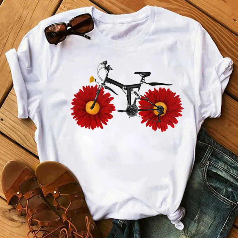 Red Flower Bicycle Print T Shirt Fashion Women T Shirt Casual Short Sleeve Tops Female Cute Graphic Tee Shirts Women T-shirts