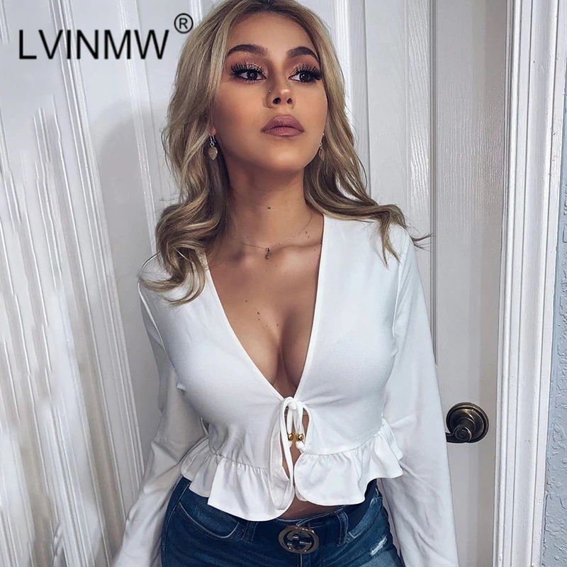 LVINMW сексуальный топ с v образным вырезом на шнуровке бантом рюшами из кусков