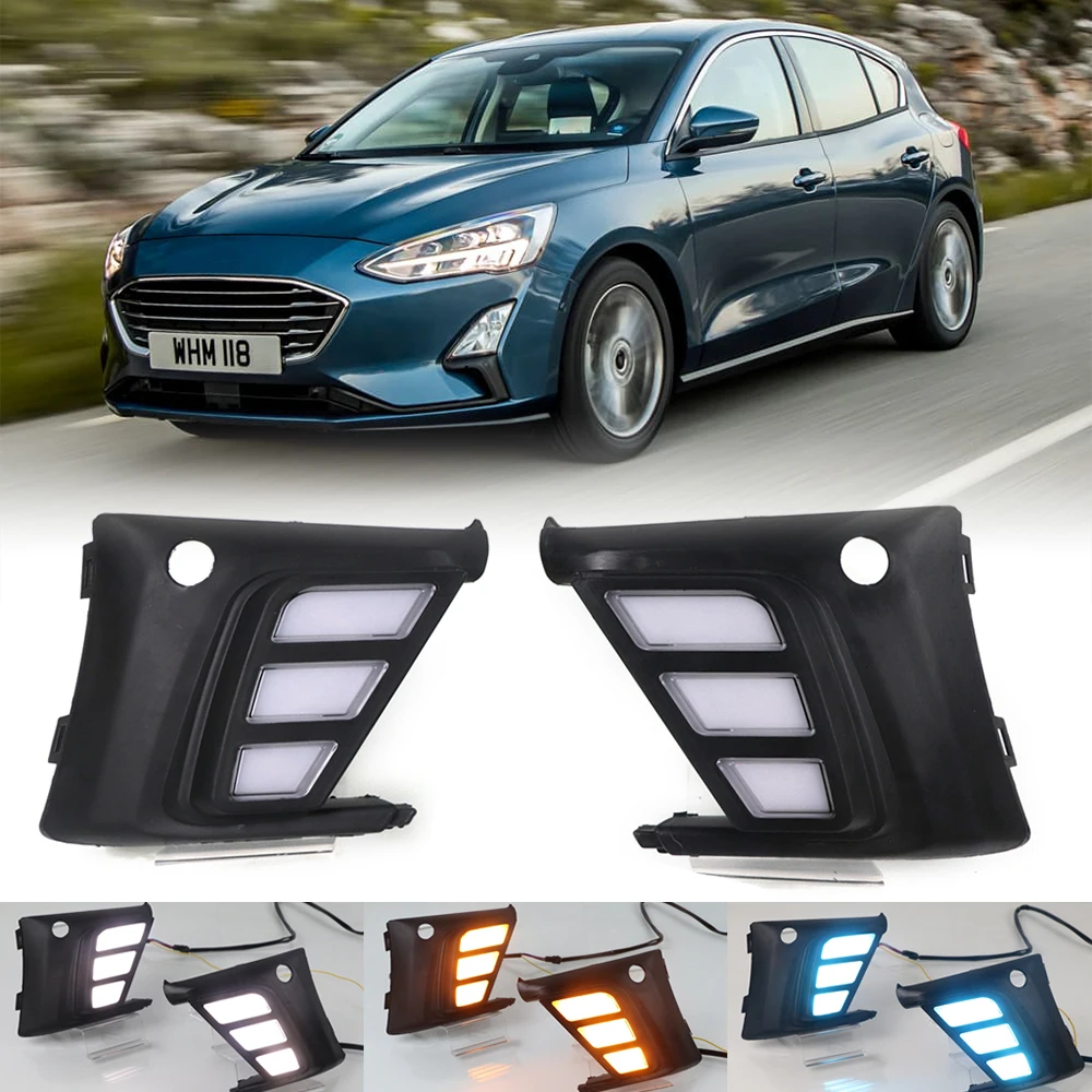 3 Color LED DRL Daytime Running Light for Ford Focus Titanium 2019 Driving Lamp Mustang Style Fog Lights with Turn Signal