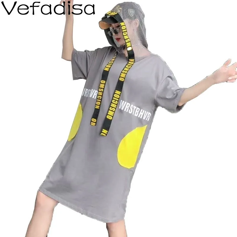 Платье футболка Vefadisa с надписью и лентой летнее женское платье капюшоном модель