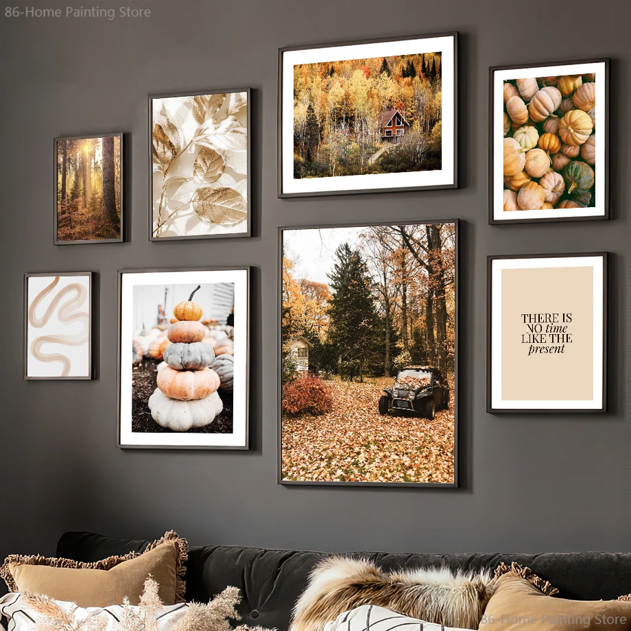 

Autumn Pumpkin Village Posters and Prints Leafs Road Abstract Line Wall Art Nordic Canvas Painting Pictures for Home Decoration