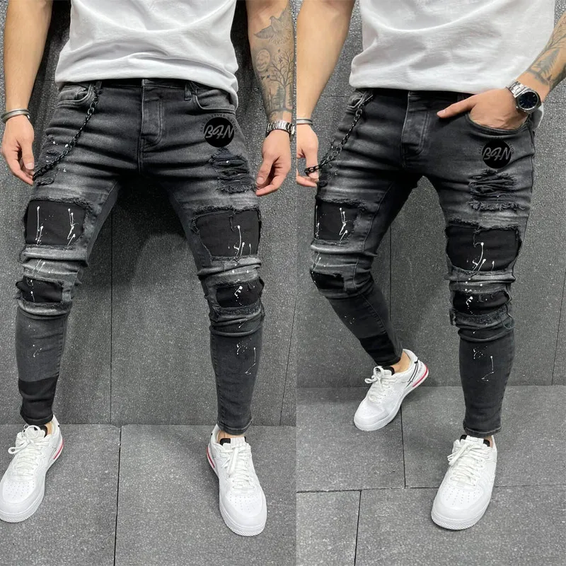 

Men's New 2021 Ripped Skinny MAN Jeans Black Biker Pencil Long Pants Men's Design Sexy Hole Jeans Pants Casual Pencil Trousers