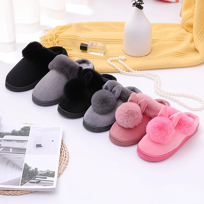

Cartoon Women Home Slippers Rabbit Ears Slip On Soft Soled Winter Warm House Shoes Women Indoor Outdoor Fur Slippers Footwear