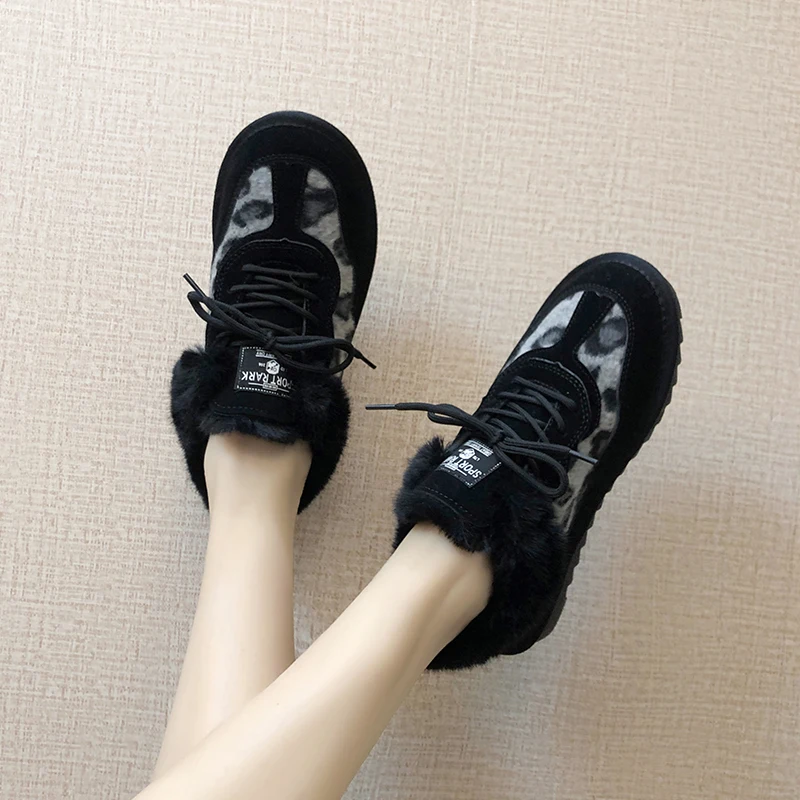Обувь Женская замшевая плюшевая леопардовая обувь на плоской подошве со