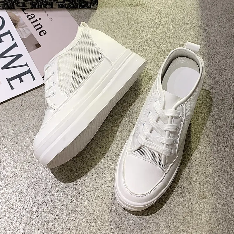 

Woman Lace Up Dropshipping Breathable Thick Bottom Platform Sneakers Women Summer Mesh Height Increasing Casual White Shoes