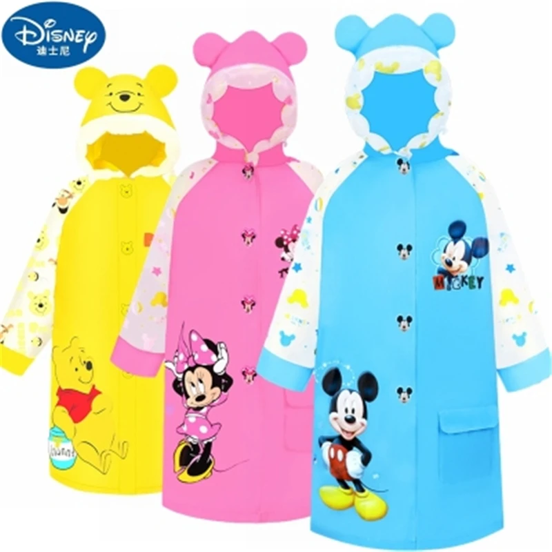 Disney Minnie Mickey Kids Raincoat Waterproof Inflatable Brim  Rain Poncho  Student Rainsuit Protective Covers Reflective Strip