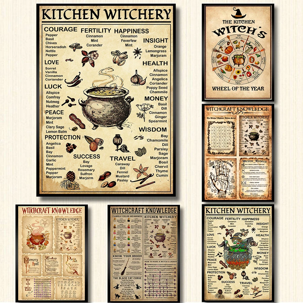 

Kitchen Witchery Funny Posters and Prints Halloween Wall Pictures Witches Magic Knowledge Art Painting Vintage Gifts Home Decor
