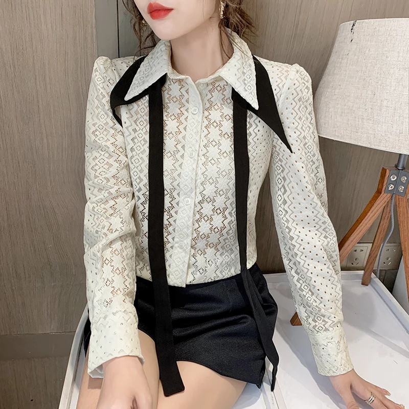 

Patchwork Lace Hollow-out Turn-down Collar Long Sleeve Elegant Shirt Women loose 2021 New White Sweet Casual Ladies Blouse