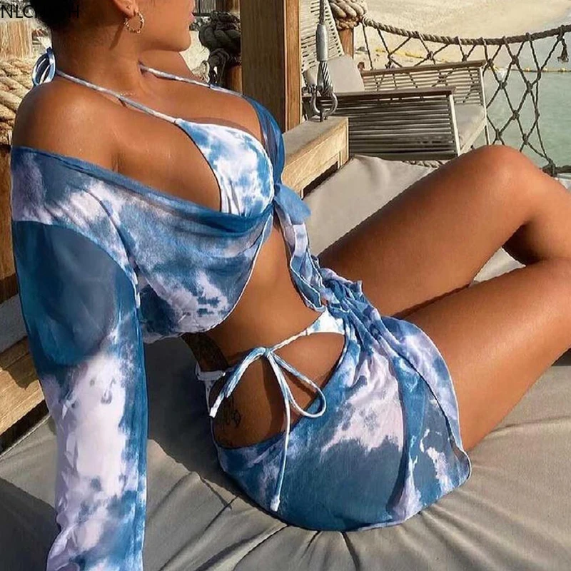 

4 Piece Tie Dye Bikini Ladies Split Swimsuit Swimwear Women Mesh Push Up Vikini Sexy Girl Buttocks Swimmwear Bathing Suit