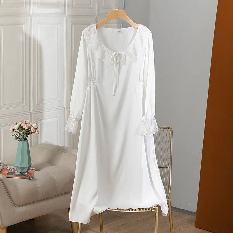 

Lace Trim Home Dressing Gown Nightdress Female Spring Autumn Sleepwear Nightgown Sweet Court Style Long Sleeve Long Sleepshirt