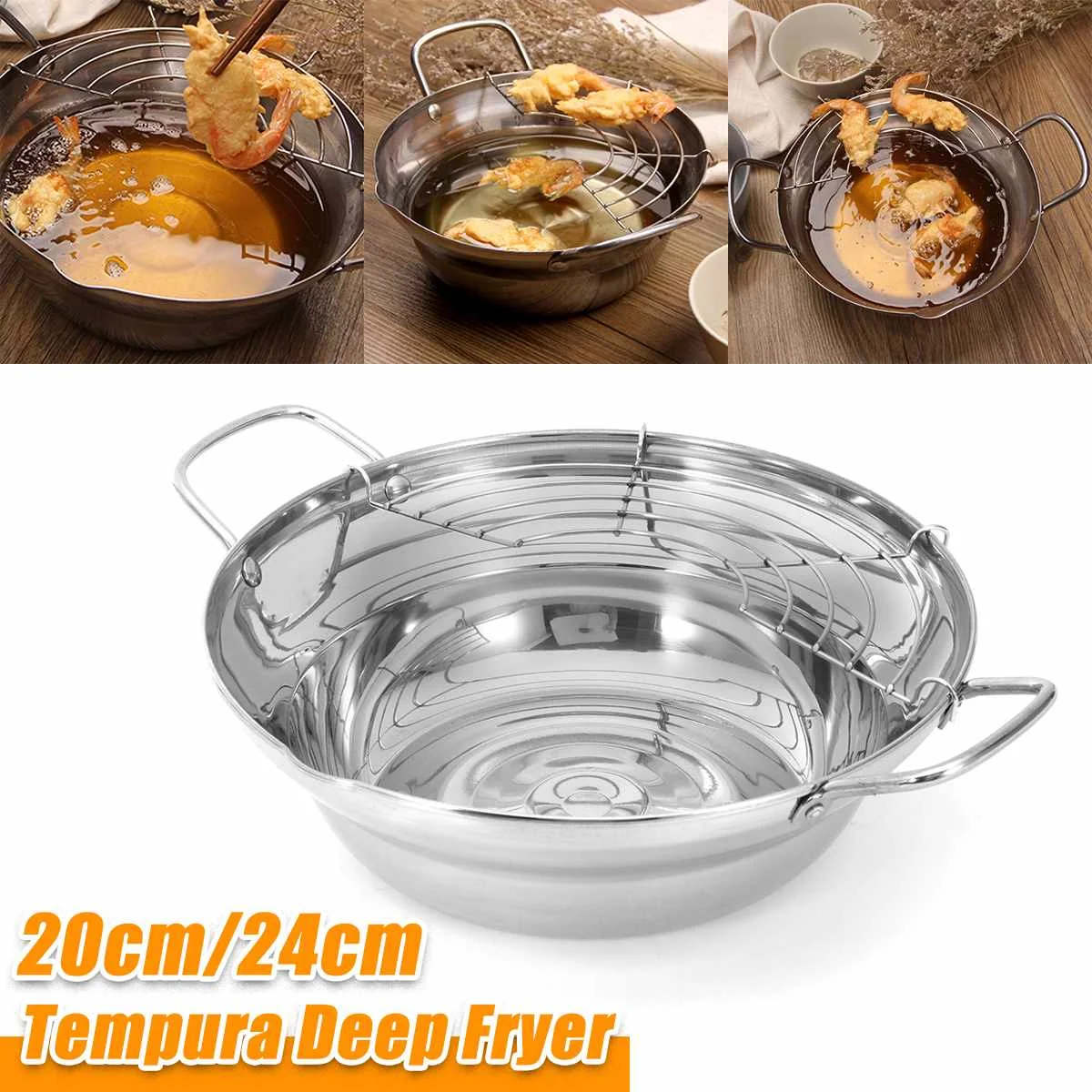 

Japanese Deep Frying Pot Stainless Steel 20/24cm Oil Fryer Pan Kitchen Tempura Deep Fryer Pot for French Fries or Fried C