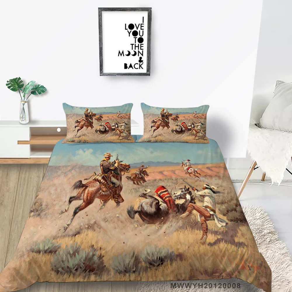 

Indian And Hunter Bedding Set King Size Cool Vintage Duvet Cover Queen Full Twin Single Double Oil Painting Bed Set Desert
