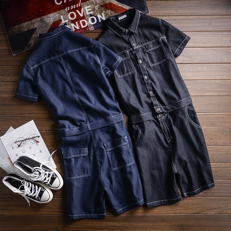 Summer Men Jeans Jumpsuit Short-Sleeved Knee Length Overalls Detachable Waist Hip-Hop Denim Shorts Black Freight Cargo Pants