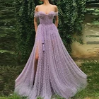 Элегантное Длинное Вечернее Платье сиреневого цвета Verngo с жемчугом и открытыми плечами, прозрачное платье с вырезом на боку и разрезом для выпускного вечера, платье для вечевечерние НКИ