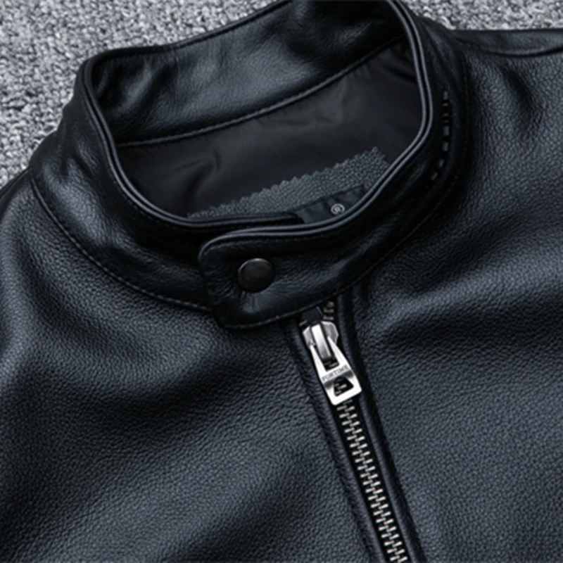 

Motorcycle Biker Men's Genuine Leather Jacket Vintage Casual Stand Collar Real Cowhide Rider Jackets Male Fast Ship Free