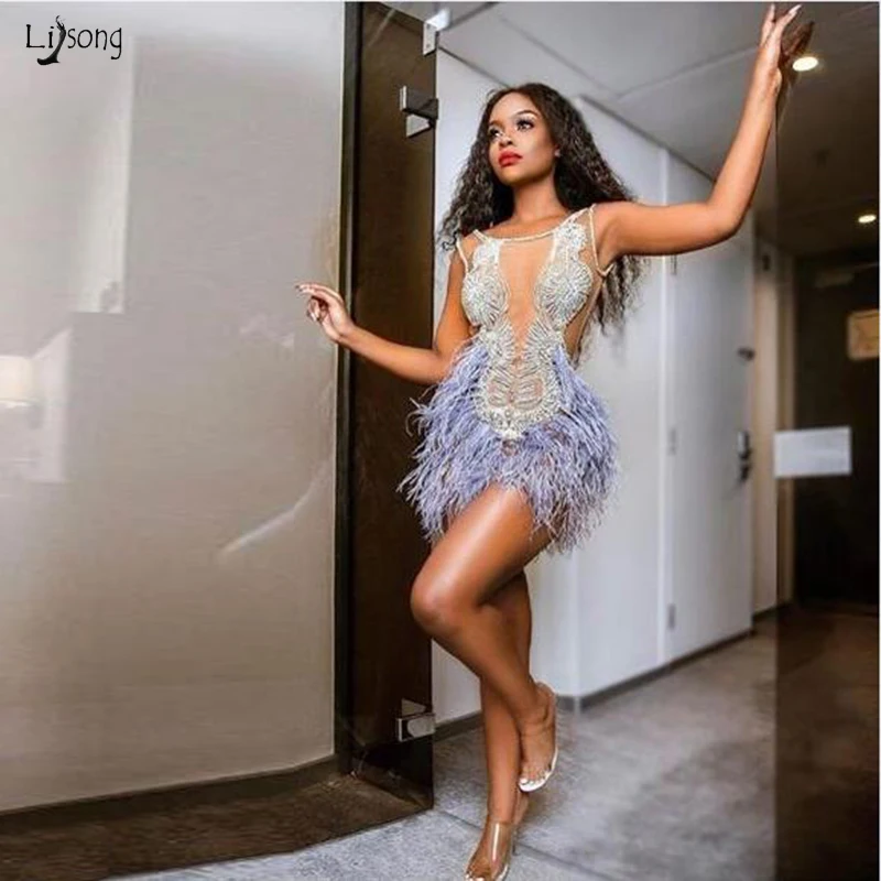 

Trendy 2019 Ostrich Feather Sexy Cocktail Dresses Luxury Beaded See Through Prom Gowns Illusion Short Evening Formal Dresses