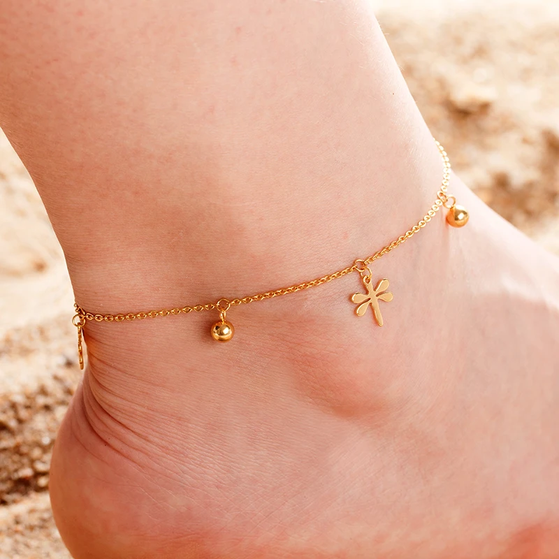 Модный браслет со стрекозой и колокольчиком из нержавеющей стали женские ножные