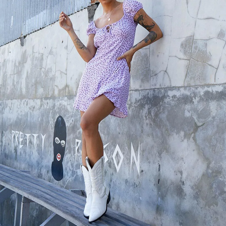 

Floral Printed Mini Dress Women 2021 Spring Fashion Square Collar Puff Sleeve Female Holiday Beach Sexy Summer Dresses Vestidos