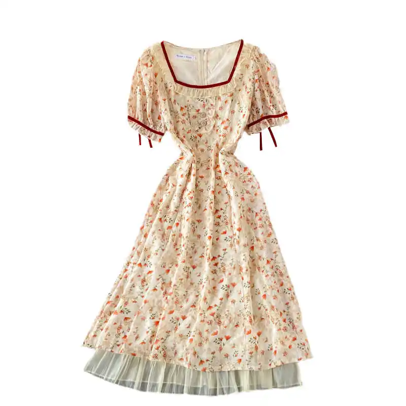 

Summer Puff Short Sleeve French Floral Dress Square Collar Girls First Love Dress Women Long Lace Flower Dresses