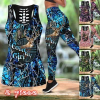 two piece yoga set women deer print sports yoga suits high waist leggings and tank tops summer gym workout lounge sets outfits