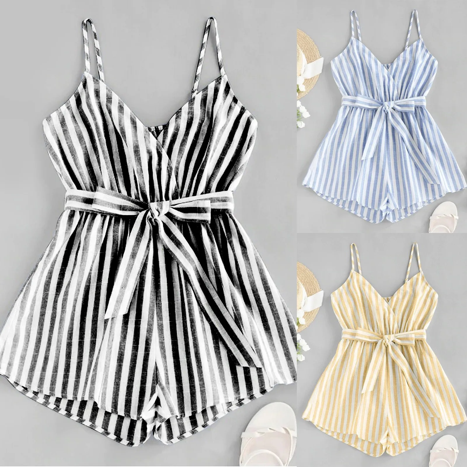 

Fashion Womens Casual Loose Sexy Printed Sleeveless V-neck Suspenders Jumpsuit Suspender Ruffles Shorts Holiday Beach Jumpsuit