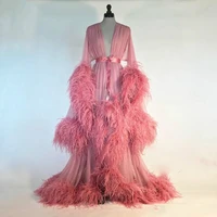 pink night gown ostrich feather bride sleepwear robes 2020 custom made long sleeves dressing gown women sexy sleepwear dresses