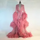 Розовое Ночное платье с страусиными перьями, одежда для сна для невесты, халаты 2020, изготовленный на заказ женский халат с длинными рукавами, сексуальный женский халат