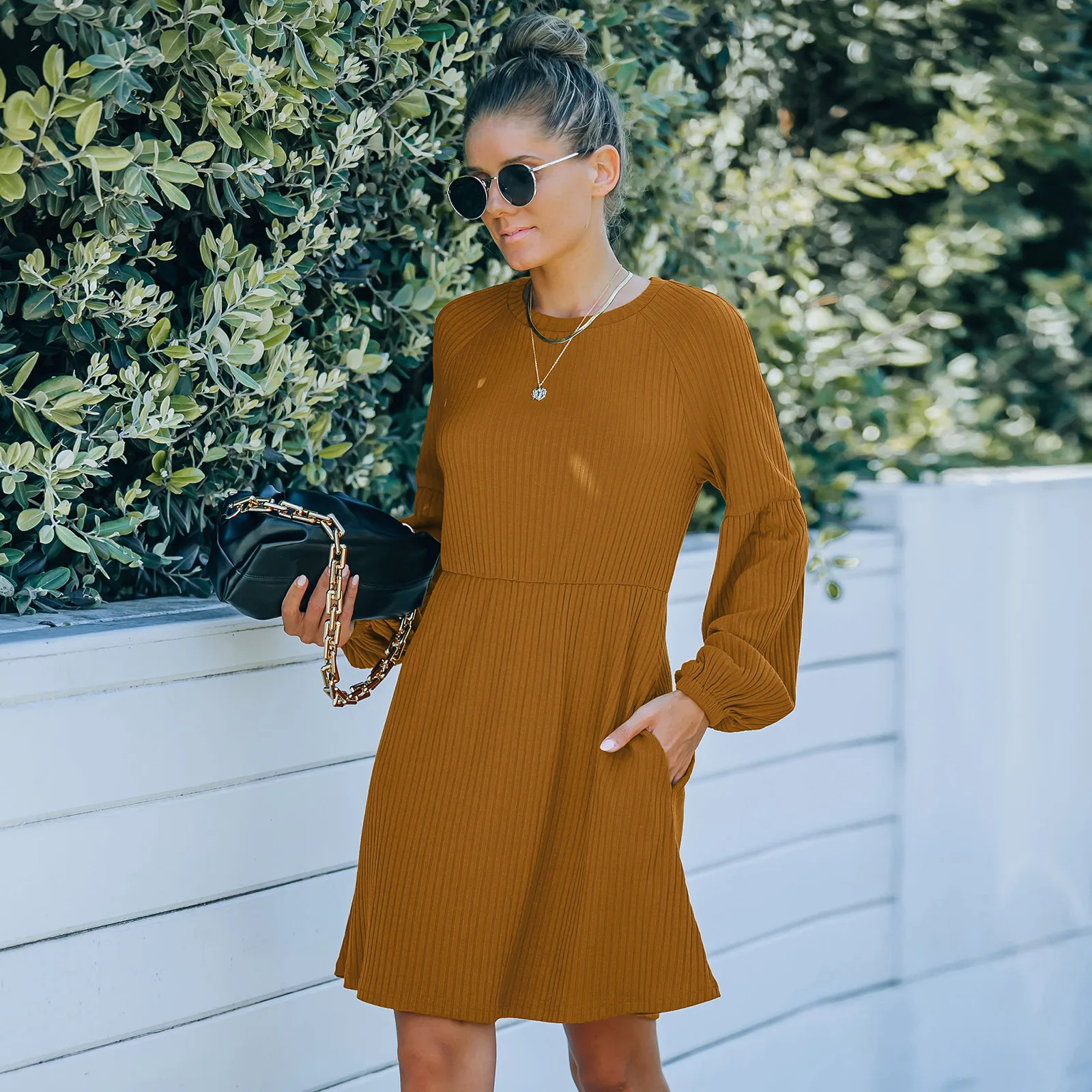 

Spring Autumn Dresses Women New Fashion Long Sleeve Tall Waist Pure Color Round Collar Thread Loose Elegant Polyester Fiber Kilt