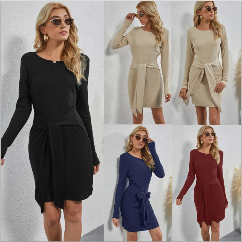 

Autumn Knitted Mini Dresses Woman Solid Color Long Sleeve Round Neck OL Elegant Dress High Waist Slim Black Pack Hip Dress