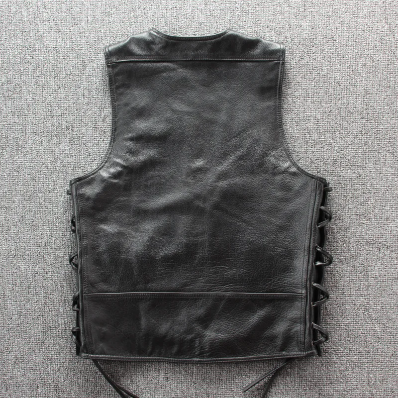 

New Mens 2021 Moto biker Real Leather Vest Fashion Punk Solid Black Sleeveless Vest Mens Single Breasted Slim Fit Vest Coat