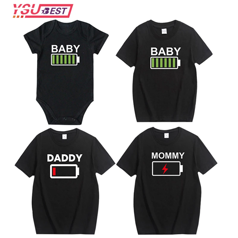 Camisetas con estampado de bater&iacute;a para ni&ntilde;os, padre, hijo y familia, ropa a juego con letras, Tops de manga corta-0