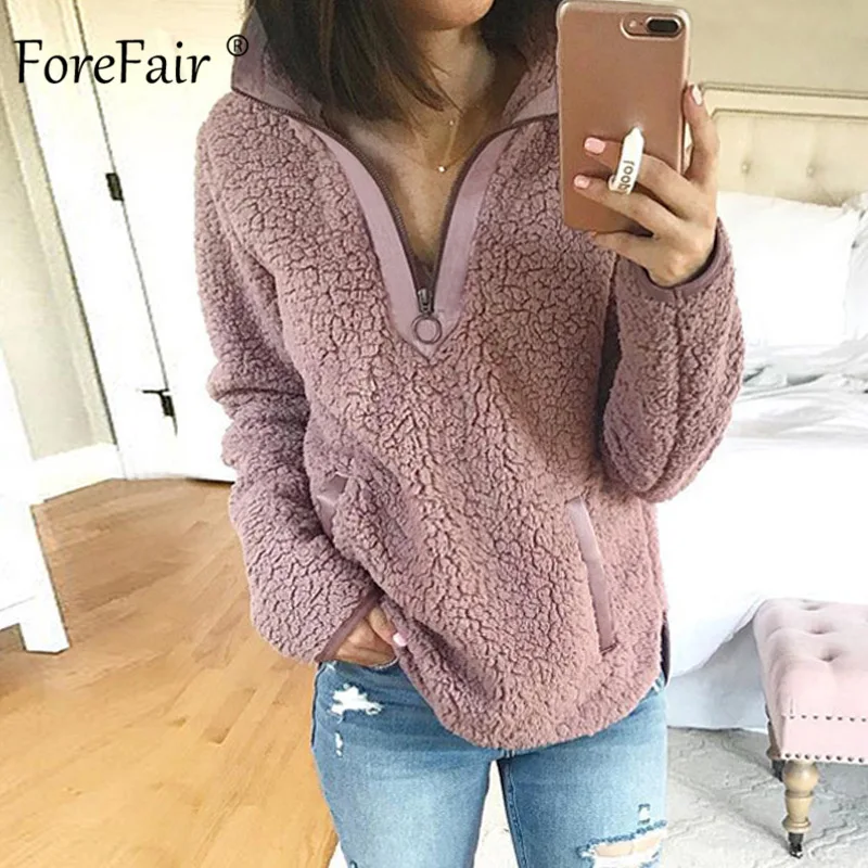 Forefair Zip Casual Turtleneck Fleece Sweatshirt Women Autumn 2019 Turn Down Neck Pullovers Female Slim Faux Fur Warm | Женская одежда