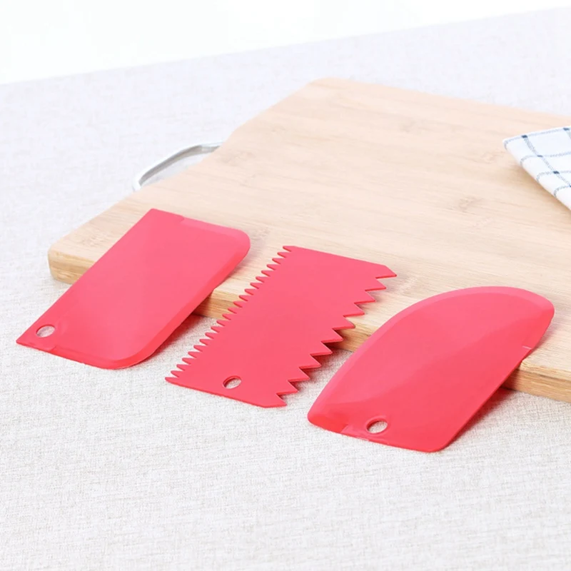 

3PC Baking Pastry Tools Plastic Dough Knife Icing Fondant Scraper Decorating Plain Smooth Jagged Edge Spatulas Cutters Cake Tool
