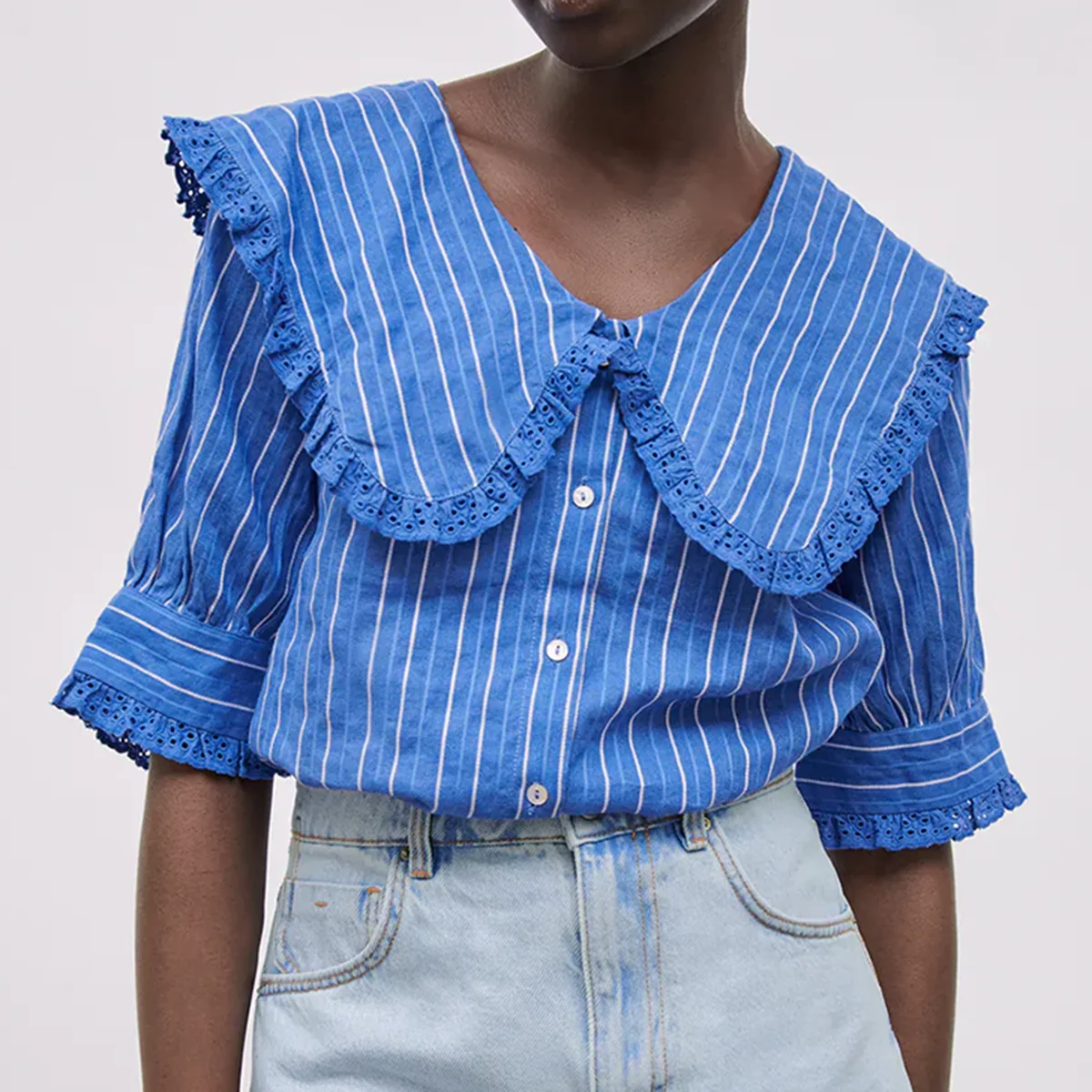 

Jastie Summer Women Blouse 2021 Striped Printed Half Sleeve Shirt Peter Pan Collar Female Loose Thin Top Single Breasted Blouse