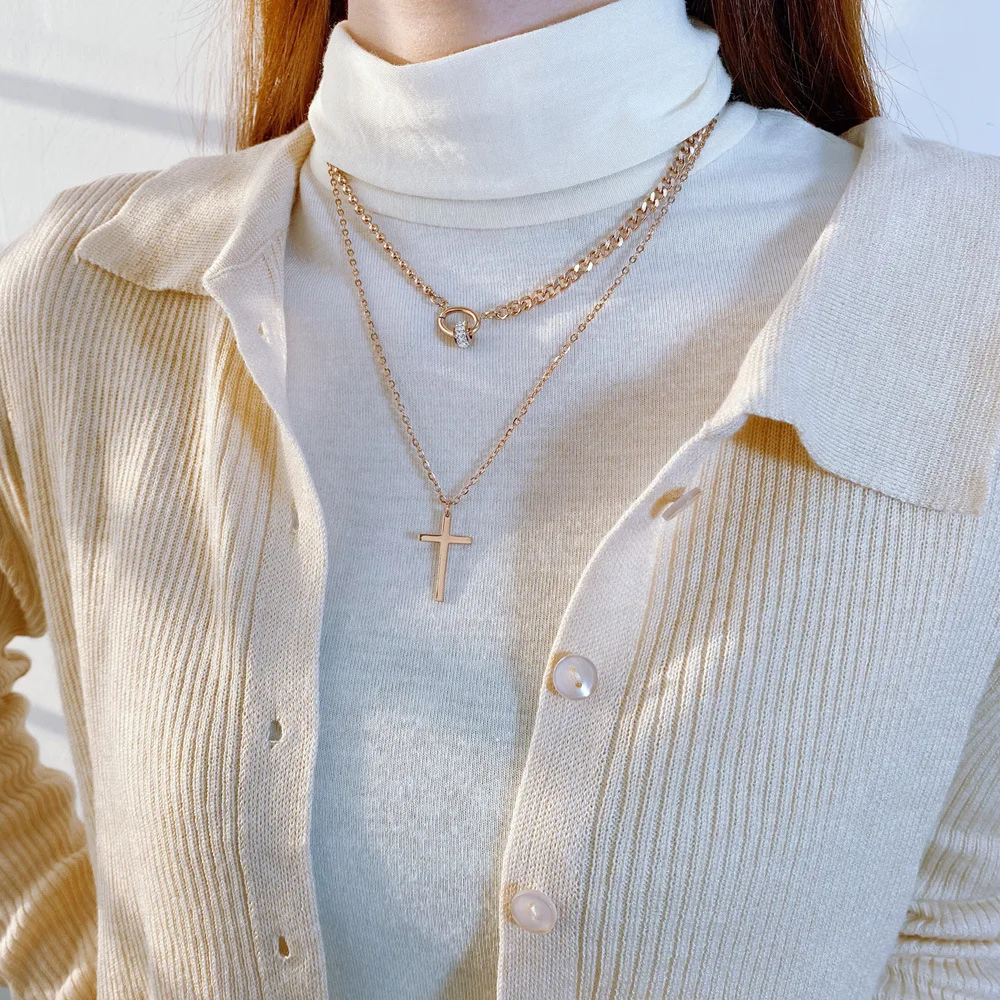 

Vintage Double Chain Double Round Annulus Buckle and Cross Pendant Cubic Zirconia Necklace Women Brand necklace Fashion Jewelry