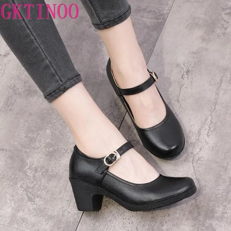 

GKTINOO Genuine Leather Shoes Women Round Toe Pumps Sapato feminino High Heels Shallow Fashion Black Work Shoe Plus Size 33-43