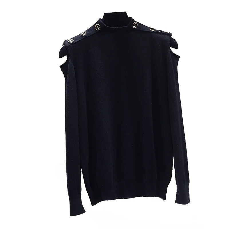 

Off shoulder loose hollow out knit sweater autumn thin Office Lady Turtleneck Pullovers Button