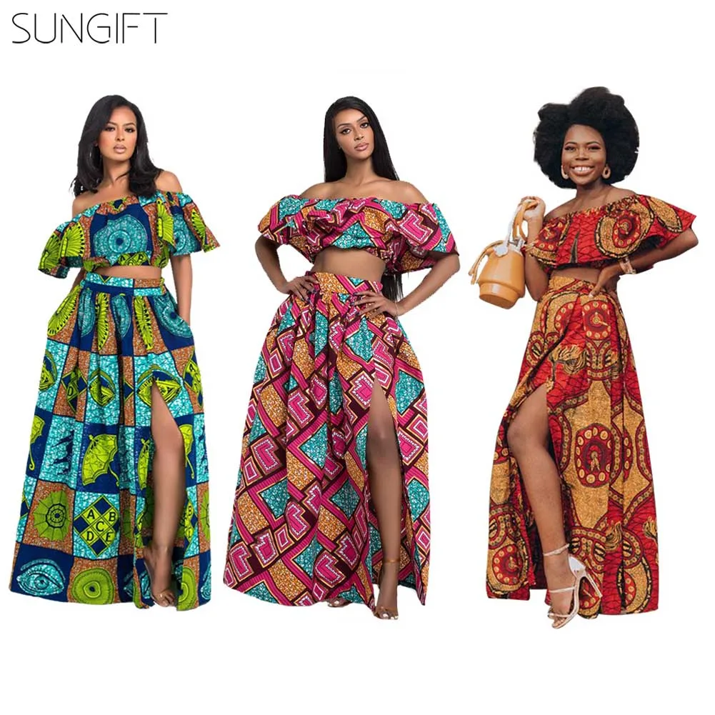 SUNGIFT Dashiki/Вечерние платья с открытыми плечами, разноцветное платье с принтом, африканская одежда для женщин, 2 предмета, 1 комплект, вечернее платье