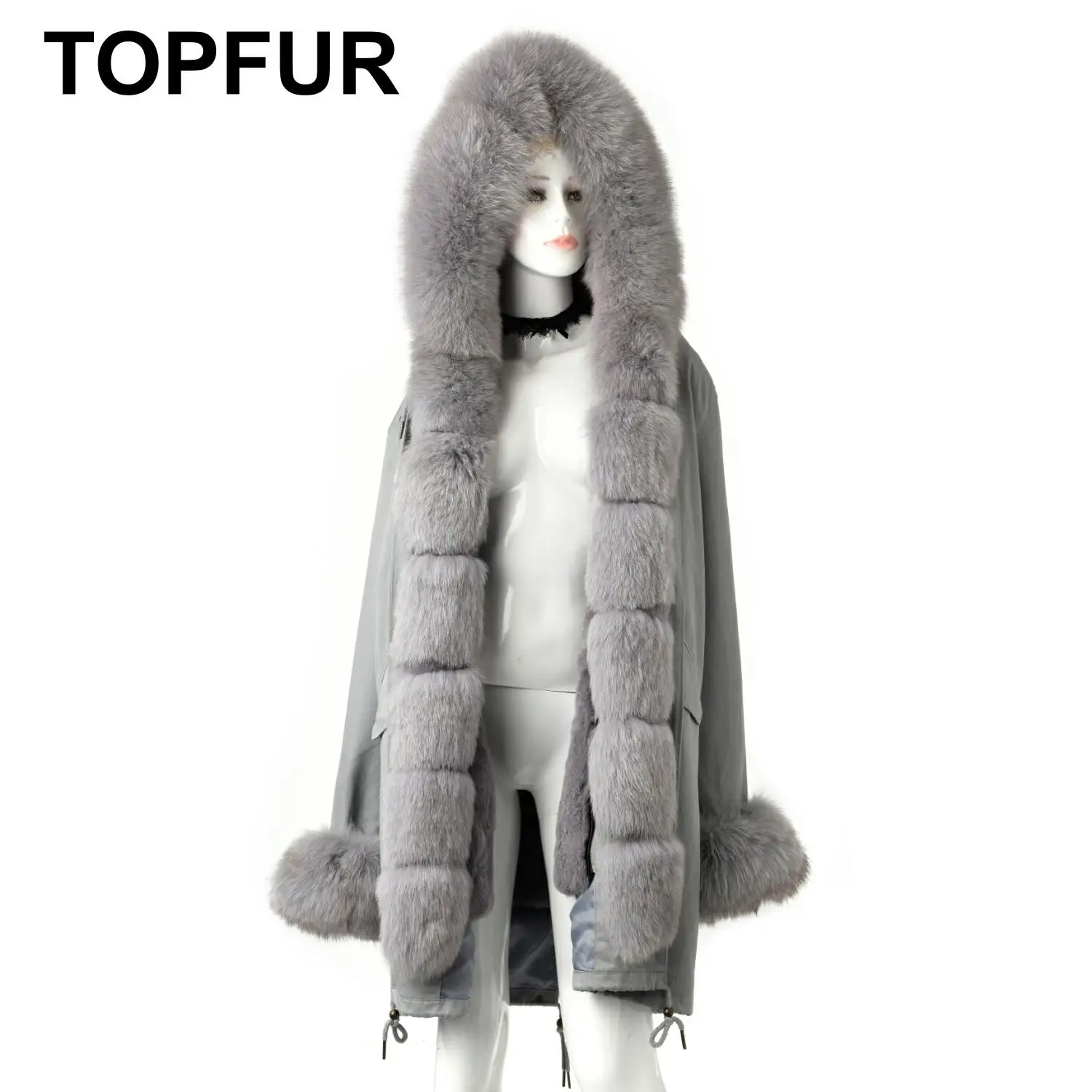 Женская парка с капюшоном TOPFUR серая на натуральном лисьем меху зима 2020 | одежда